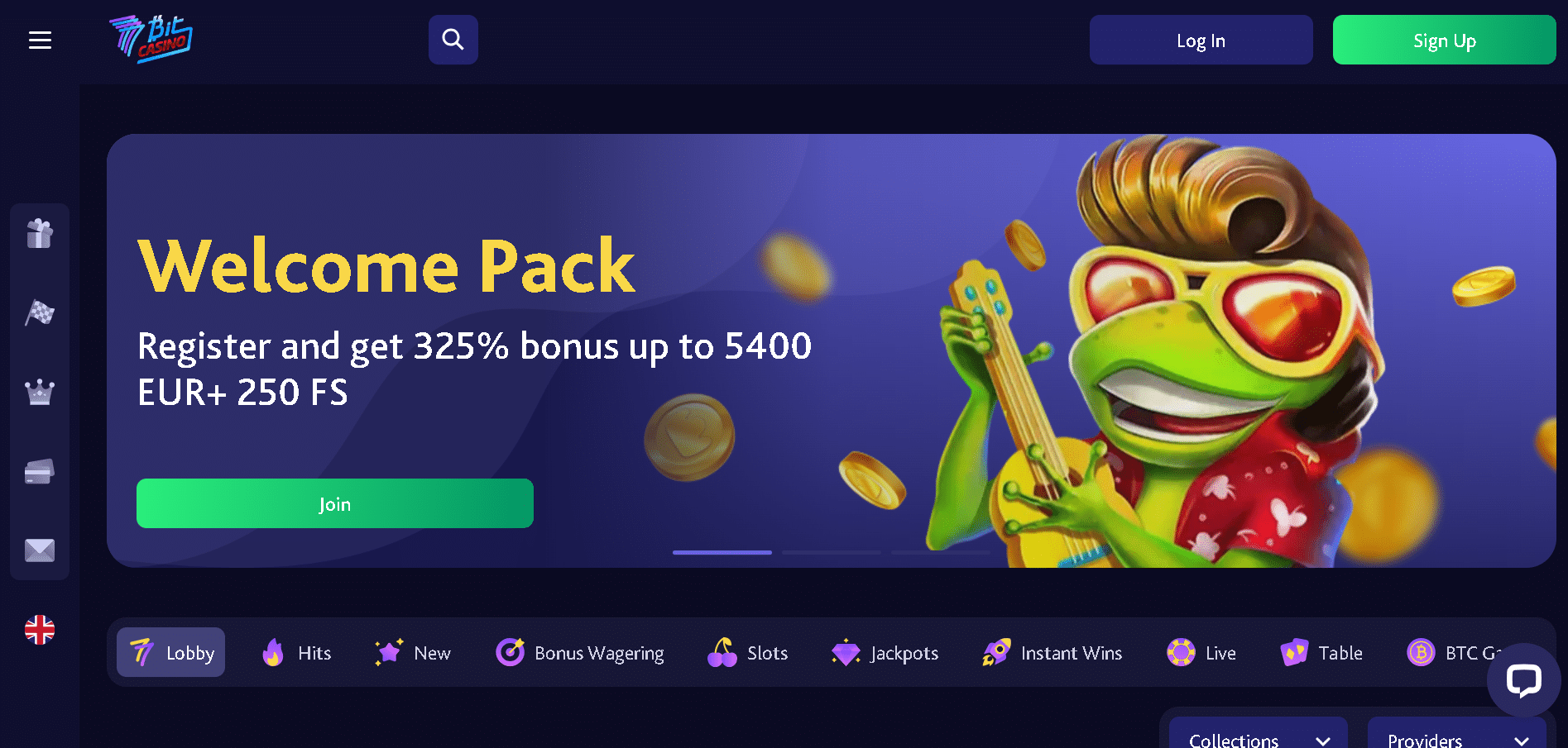 Image showing main page of the online crypto casino 7Bit